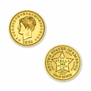 U.S. PATTERN TRIBUTES - $4 STELLA - COILED HAIR - 1/2OZ - 30MM - 24K GOLD PLATED - W/CAPSULE