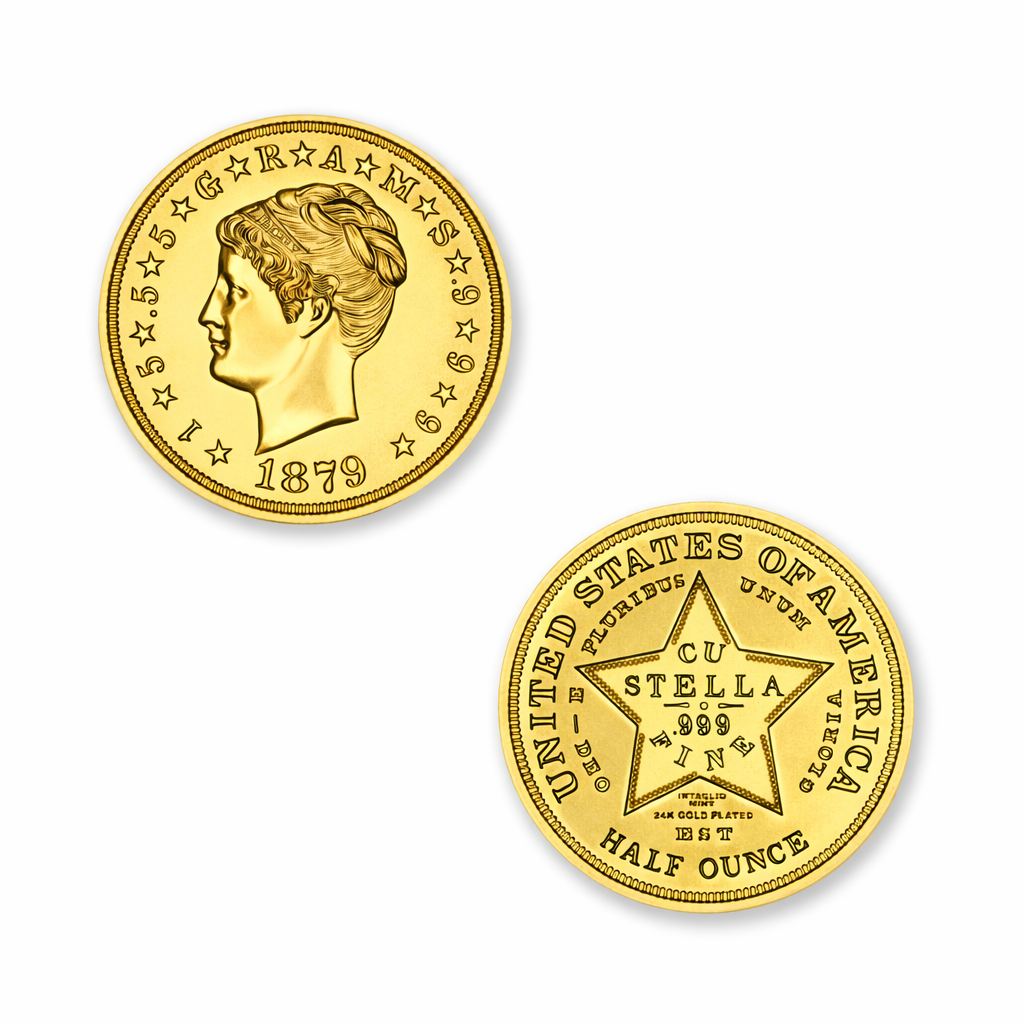 U.S. PATTERN TRIBUTES - $4 STELLA - COILED HAIR - 1/2OZ - 30MM - 24K GOLD PLATED - W/CAPSULE